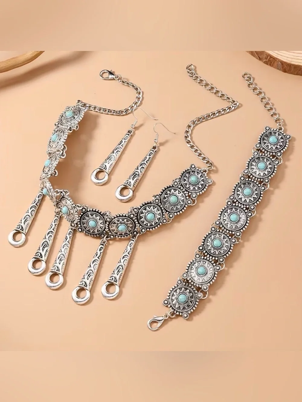 Western Set Turquoise Silver-Tone Boho Choker Necklace, Bracelet, & Earrings Set